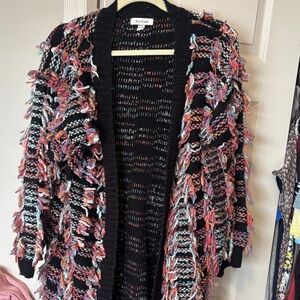 Wildflowers Black Cardigan with Colorful Fringe